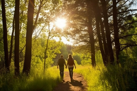 Couple walking in the forest at sunset. A man and a woman are walking in the forest.の素材