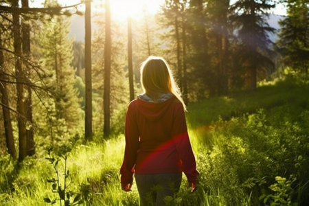 Young woman hiking in the forest at sunset. Back view of a girl in a red jacket.の素材