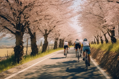 Cyclists riding on the road with cherry blossoms in springの素材