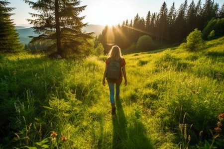 A girl with a backpack walks through the meadow at sunset.の素材
