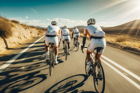 Cyclists riding on the road in the desert. Teamwork conceptの素材