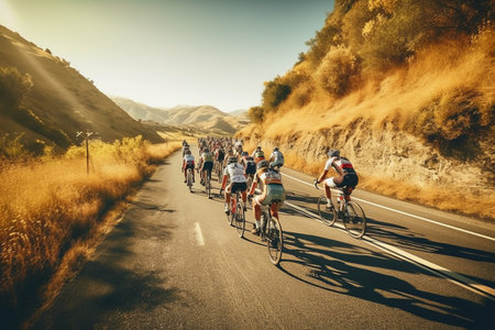 Group of cyclists riding on the road in the mountains. The concept of a healthy lifestyleの素材