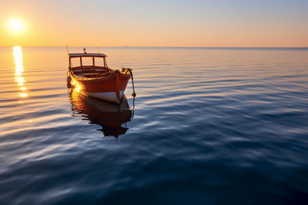 Fishing boat in the sea at sunset. Greece, Creteの素材