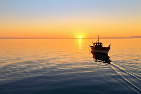 Fishing boat on the sea at sunset, closeup of photoの素材