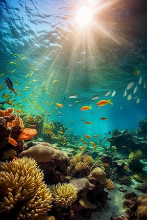 Underwater view of a tropical coral reef with fish and rays of sunlightの素材