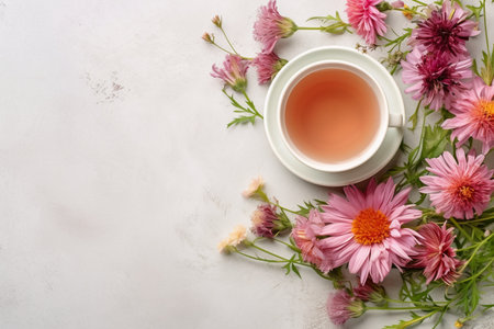 Pink chrysanthemum flowers and cup of tea on light backgroundの素材