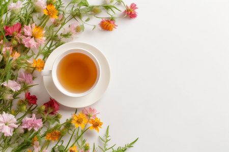 Cup of tea with wildflowers on a white background.の素材