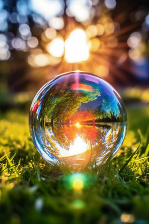 Crystal ball on green grass in sunset light. Global warming concept.の素材