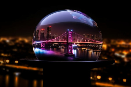 Glass sphere with night city lights and Bosphorus Bridge, Istanbul, Turkeyの素材