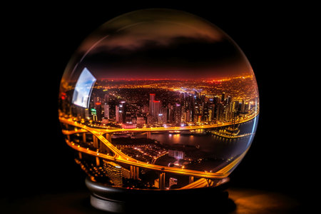 Crystal ball with night view of chinese cityscape in the background.の素材