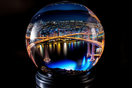 Crystal ball with night view of Manhattan and Brooklyn Bridge in New York City.の素材