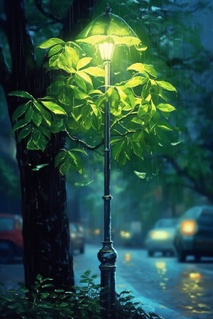 street lamp with green leaves in the rain at night, vintage styleの素材
