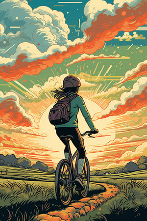 Cyclist rides on a bicycle in the countryside. Vector illustrationの素材