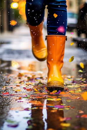 Rainy day in Paris, France. Close-up of a woman in yellow rubber boots walking through the rain.の素材