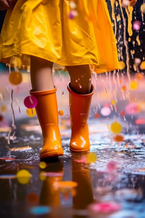 Rainy day. Close-up of little girl in yellow raincoat and rubber boots jumping in puddleの素材