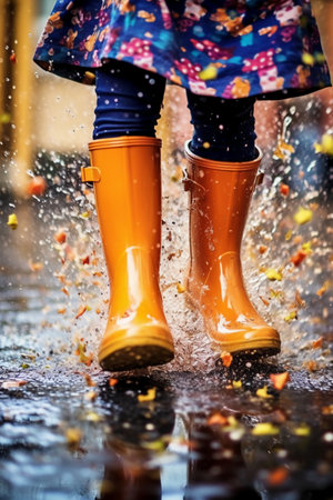 Girl in rubber boots splashing water in a puddle, close-upの素材