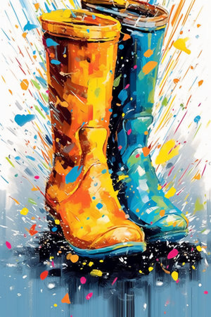 Colorful illustration of rubber boots on a background of water splashesの素材