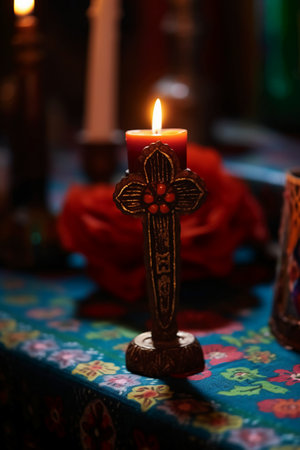 Burning candle in the Orthodox church. Shallow depth of field.の素材
