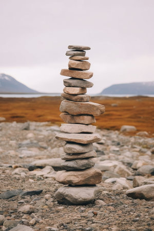 Stacked zen stones on the shore of a lake in Icelandの素材