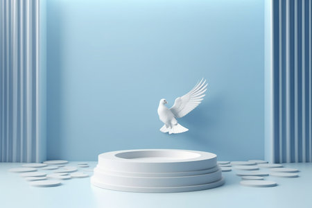 Podium and white dove on blue background. 3D rendering.の素材