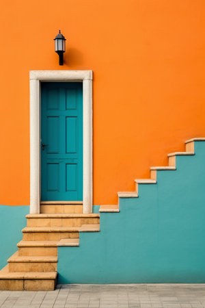Blue door and orange wall in the city of Salvador, Bahia, Brazil.の素材