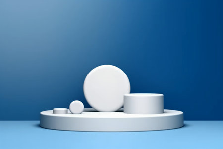 3d render of white round podium on blue background. Minimal scene for product presentation.の素材
