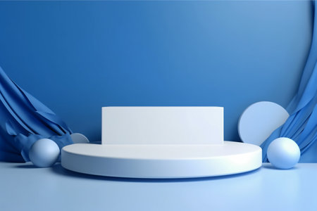3d rendering of white podium for product display with blue curtain and blue backgroundの素材