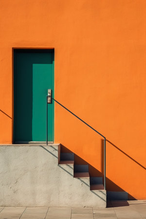 Orange wall with green door and stairs. Architectural details. Background.の素材