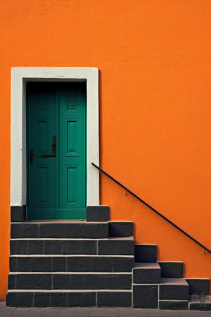Colorful front door on orange wall with stairs and stairs in Lisbon, Portugalの素材