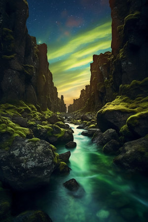 Fantasy landscape with a mountain river and green moss. 3d renderingの素材