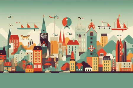 Cityscape with buildings and birds. Vector illustration in flat style.の素材