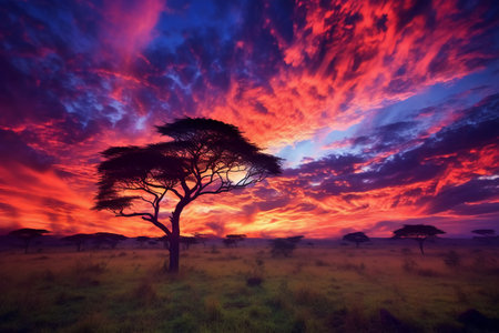 African savanna sunset. Serengeti National Park, Tanzaniaの素材