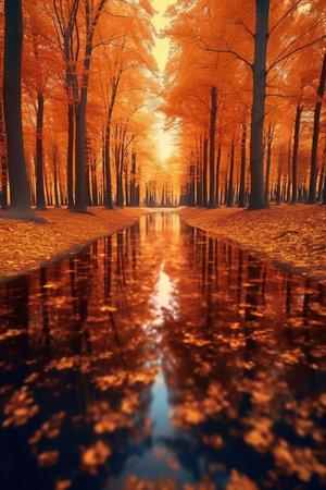 Autumn forest with reflection in a puddle. 3d renderの素材