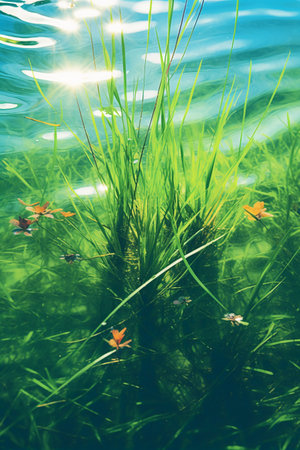 Green grass and flowers on a background of blue water with sunlight.の素材