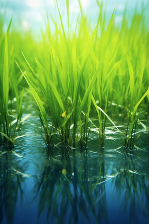 Rice seedlings in paddy rice field with blue sky backgroundの素材