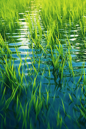 Green rice field with reflection in the water. Selective focus.の素材
