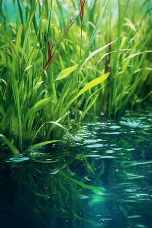 beautiful green grass in the water close-up, natural backgroundの素材