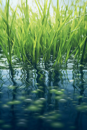 Rice seedlings are growing in a paddy field in the countryside.の素材