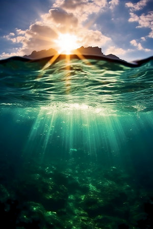 Underwater view of the sun shining through the hole in the waterの素材