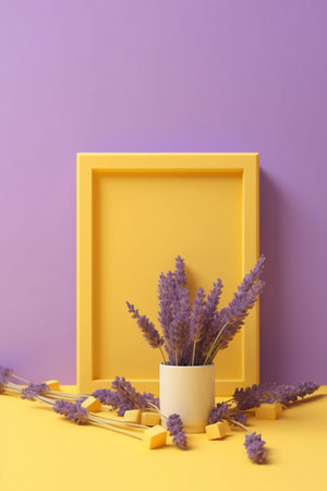 Yellow frame with lavender flowers on color background. Mockup for designの素材