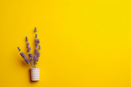 Lavender flowers in vase on yellow background. Flat lay, top view.の素材