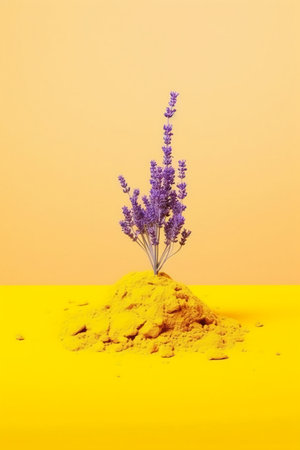 Lavender flowers on yellow background. Minimalistic still lifeの素材