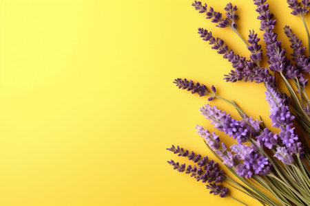 Lavender flowers on yellow background, top view. space for textの素材