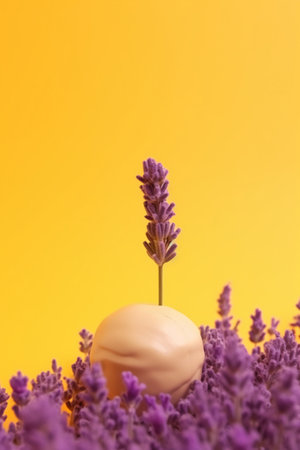 Easter egg with lavender flowers on yellow background. Minimal easter concept.の素材