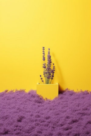 Lavender flowers on a yellow background. Minimalism.の素材