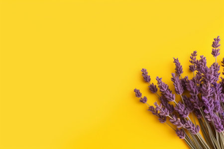 Lavender flowers on yellow background. Top view with copy spaceの素材