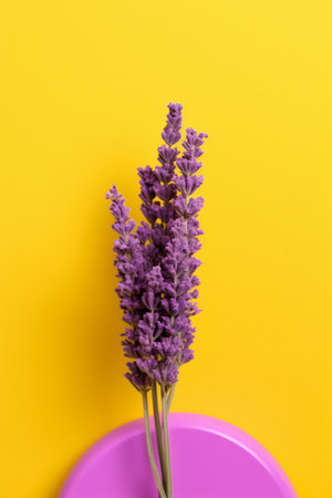 Purple lavender flowers on yellow background. Minimal concept.の素材