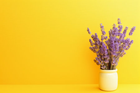 Lavender flowers in vase on yellow background with copy spaceの素材