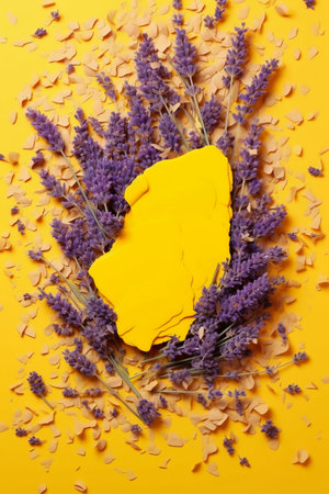 Dried lavender flowers and torn paper on yellow background, flat layの素材