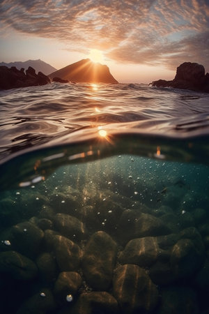 Beautiful seascape with rocks in the water at sunset.の素材